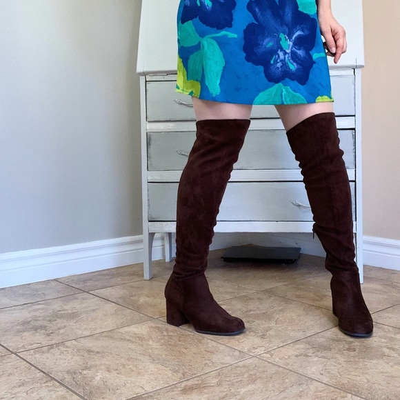 Tall Sueded Brown Block Heel Over The Knee Boots - Picture 2 of 16